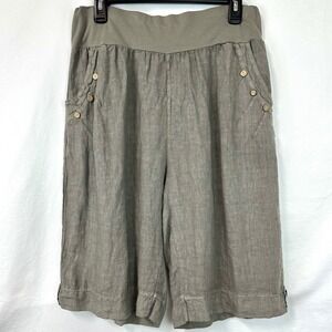 Lagenlook 100% Linen Gray Knee Length Shorts Made In Italy Elastic Waist Women L